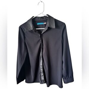 Alice + Olivia Black Long Sleeve Button Down Blouse Leather Collar sz M